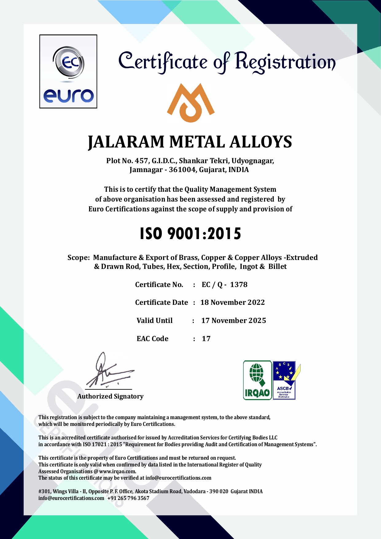 Jalaram Metals Alloys ISO-certification